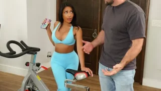 A mistress with big tits after a workout pulled down her tights for a spanking with a bald guy